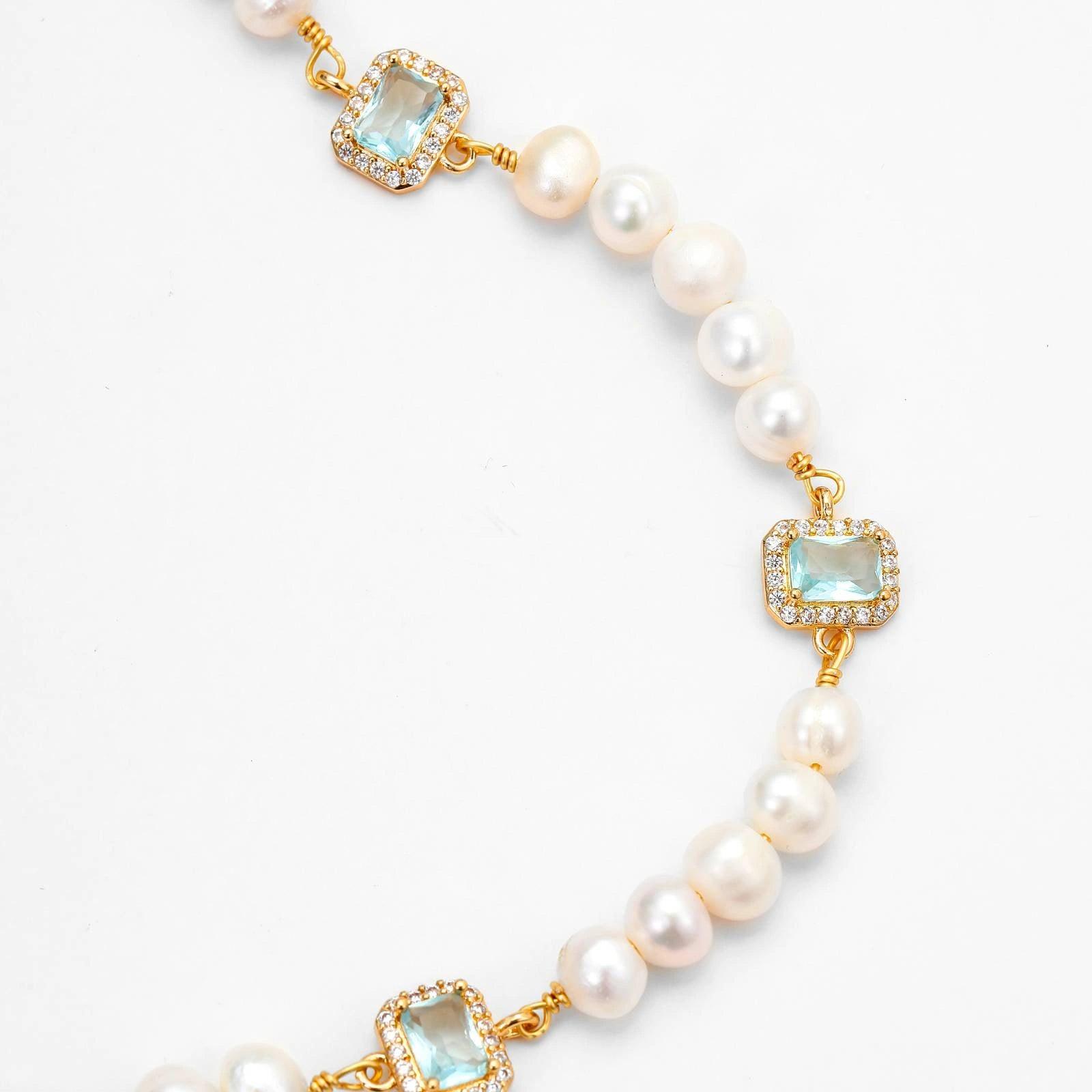 GEMS AND PEARLS SIGNATURE BRADED NECKLACE - Disco Eros Finos -Handmade jewelry pearls crystal gems rings and chains  (blue)