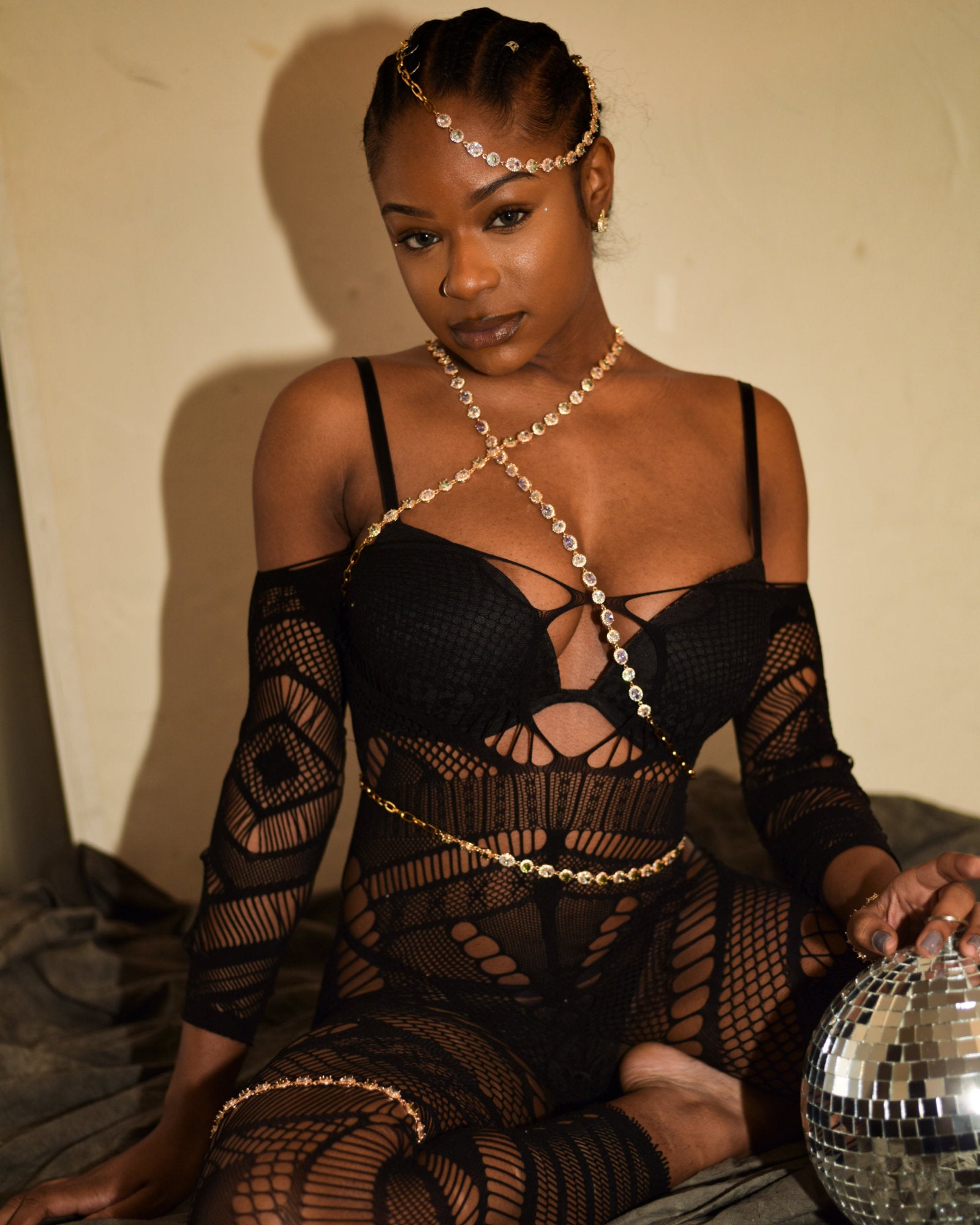 Female model wearing Sparkling Water Lillies Multi Gems Adjustable Body Chain Gold Crystal – Multi-Way Layering Jewelry by Disco Eros Finos aka DEF Jewelry (blue)