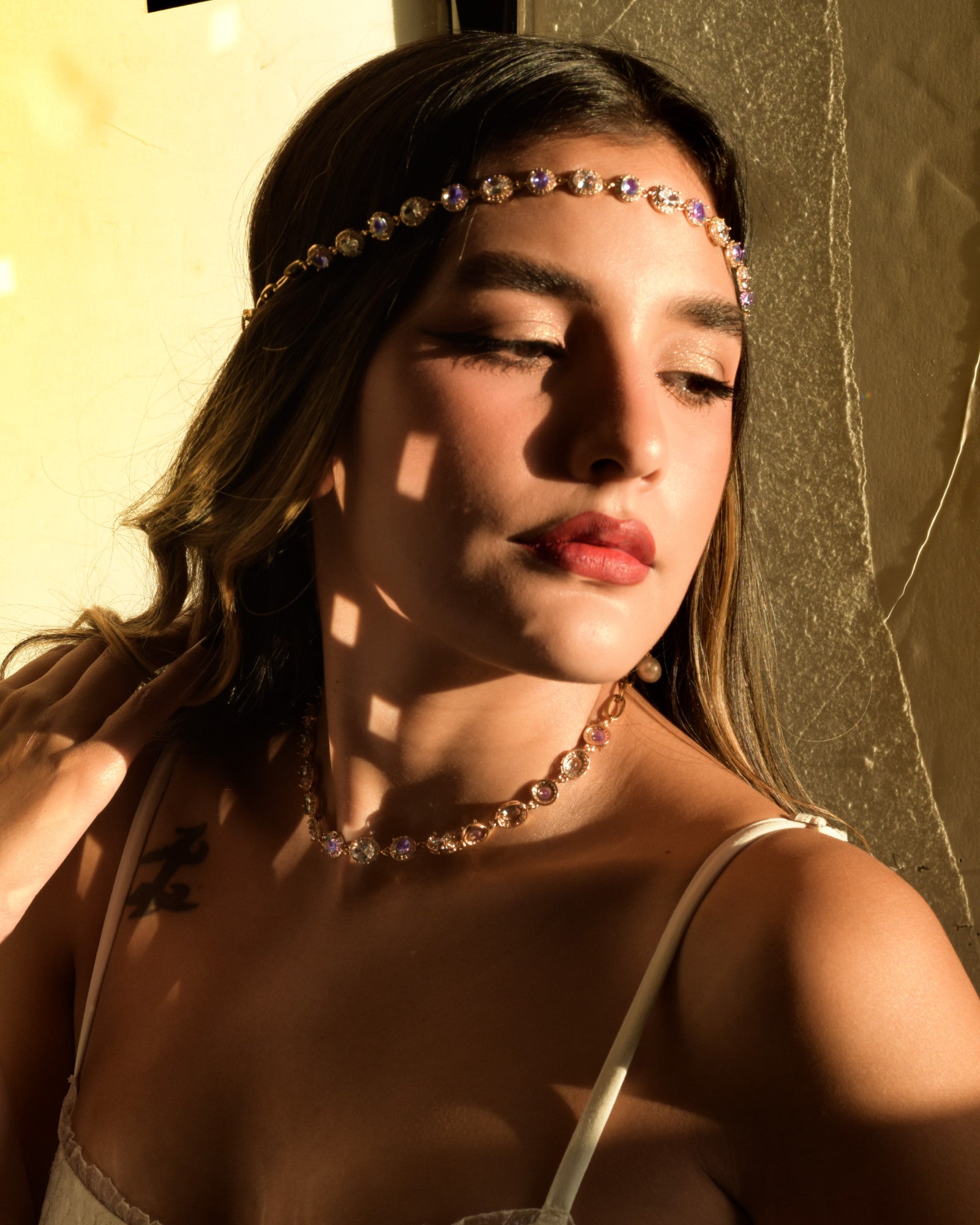A female model wearing Sparkling Water Lillies multi gems choker Necklace in blue - Disco Eros Finos aka DEF Jewelry - Eternity necklace (purple)